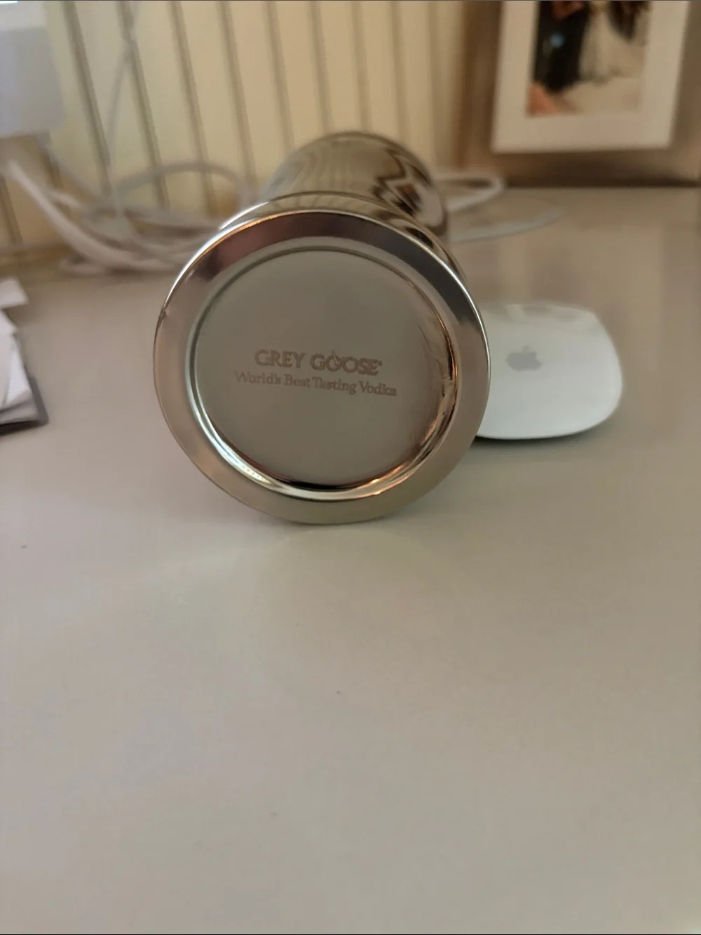 Grey Goose Etched cocktail shaker, new.